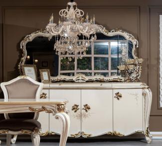 Casa Padrino Luxus Barock Möbel Set Cremefarben / Weiß / Gold - 1 Barock Sideboard mit 4 Türen und Schublade & 1 Barock Wandspiegel - Barock Möbel
