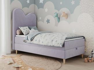 Kinderbett FLOW, Boxspringbett für Kinder, mit hohem Kopfteil, Einzelbett mit Matratze - 90x180 - Violett Velours - Topper Visco