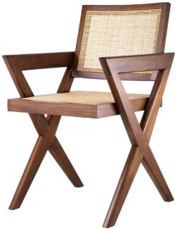 Casa Padrino Luxus Esszimmerstuhl Braun / Naturfarben 53 x 57 x H. 84,5 cm - Massivholz Stuhl mit Armlehnen und handgewebtem Rattangeflecht - Luxus Esszimmer Möbel