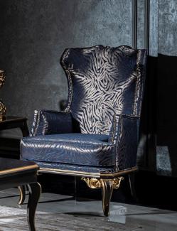 Casa Padrino Luxus Barock Ohrensessel Blau / Schwarz / Gold - Edler Wohnzimmer Sessel mit elegantem Muster - Handgefertigte Barock Möbel
