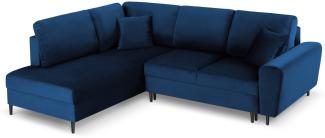 Micadoni 5-Sitzer Samtstoff Ecke links Sofa mit Bettfunktion und Box Moghan | Bezug Royal Blue | Beinfarbe Black Chrome.