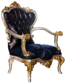 Casa Padrino Luxus Barock Wohnzimmer Sessel Royalblau / Schwarz / Silber / Gold - Prunkvoller Sessel mit elegantem Muster - Handgefertigte Barock Wohnzimmer Möbel