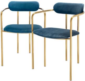 Casa Padrino Luxus Esszimmerstühle mit Armlehnen Blau / Gold 53 x 50 x H. 74 cm - Küchenstühle mit edlem Samtstoff - Esszimmer Set - Esszimmer Möbel