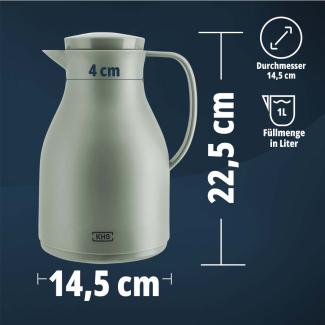 KHG Isolierkanne 1 Liter Pastellgrün Grün, Quick Press & Drehverschluss, außen Kunststoff matt, innen Glas BPA-frei, Thermoskanne 1l für heiße & kalte Getränke mit präzisem Ausgießer