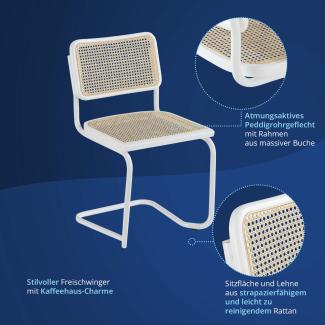 KHG 4er Set Schwingstühle Freischwinger Weiß Made in Italy - Rückenlehne und Sitzfläche aus Massivholz Buche und Rattan - Esszimmerstuhl, Küchenstuhl Design Stuhl mit Wiener Geflecht