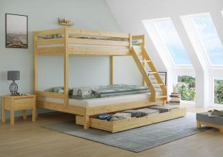 Doppel-Etagenbett 140x200 und 90x200 Erwachsenen-Stockbett Kiefer Massivholz natur V-60. 18-09-14Rollrost und Bettkasten inkl.