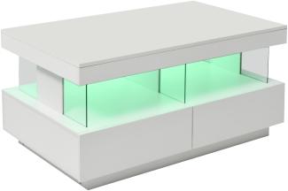 Merax Couchtisch mit LED-Beleuchtung und hochglänzender Tischplatte, Beistelltisch mit 2 Schubladen, Wohnzimmertisch mit Acyrltrennwände, Weiß