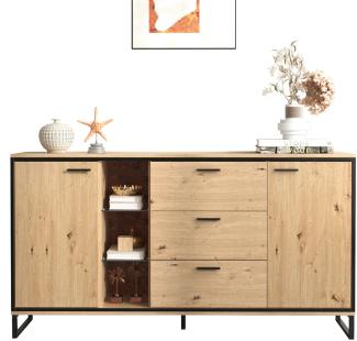 Merax Sideboard mit LED-Beleuchtung und Glasablagen, Kommode Holz mit großem Stauraum und verstellbare Einlegeböden