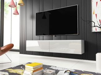 TV-Lowboard Stone 140, mit weißer LED Beleuchtung, Weiß / Weiß Hochglanz