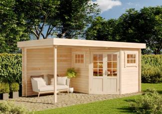 Alpholz 5-Eck Gartenhaus Modell Mosel-28 mit Flachdach Gartenhaus aus Holz Holzhaus mit 28 mm Wandstärke inklusive Terrasse Blockbohlenhaus mit Montagematerial