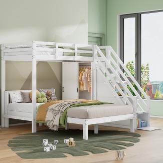 Merax Etagenbett mit Garderobe, 90*200cm+120*200cm, Multifunktionales Kinderbett, Kinderetagenbett, Mit Aufbewahrungstreppe, Großer Stauraum, Ohne Matratze, Massivholz+MDF, Weiß