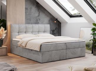 Boxspringbett mit Kopfteil und Topper, Doppelbett - RICO - 140x200cm - Hellgrau Velours - H3