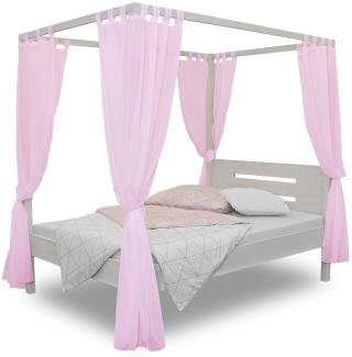 Bubema Jasmin – Himmelbett in Buche massiv, Farbton natur geölt oder weiß lasiert : 140 x 200 cm : Weiß lasiert, Vorhänge: Rosa