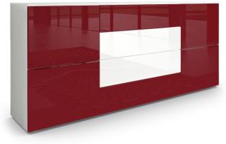 Vladon Sideboard Rova, Kommode mit 4 Türen und 4 Schubladen, Weiß matt/Bordeaux Hochglanz/Weiß Hochglanz (166 x 72 x 35 cm)