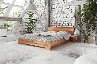 Bett Bento 3 aus Kernbuche massiv 180x200 cm mit Holzkopfteil und Holzbeinen