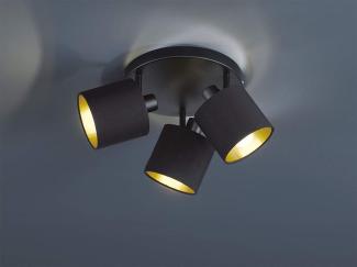 LED Deckenstrahler rund 3 flammig aus Metall mit Stoffschirmen in Schwarz Gold