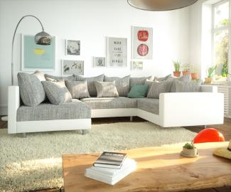 Couch Clovis Weiß/ Hellgrau mit Armlehne Wohnlandschaft modular