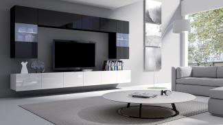 Wohnwand Calabrini I, mit weißer LED Beleuchtung, Farbe: Schwarz + Schwarz Hochglanz / Weiß + Weiß Hochglanz