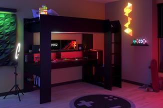 NUR BEI UNS Gaming Hochbett mit MATRATZE, Bett Online 1" von Parisot in Schwarz inklusive LED Beleuchtung - Jugendzimmer Kinderzimmer Möbel Teenager Zimmer Jungs und Mädchen - MD111025"