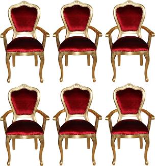Casa Padrino Luxus Barock Esszimmer Set Bordeauxrot / Gold 60 x 47 x H. 99 cm - 6 handgefertigte Esszimmerstühle mit Armlehnen - Barock Esszimmermöbel