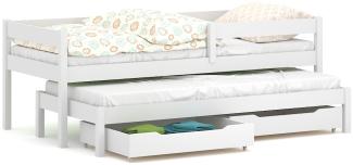WNM Group Kinderbett Ausziehbar JULA mit Rausfallschutz und Lattenrost - Bett mit Schubladen - Ausziehbett für Jugendliche - Jugendbett - Funktionsbett - Weiß - 90x180 80x170