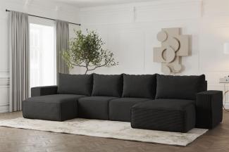 Wohnlandschaft U-Form Sofa ESTELLE mit Schlaffunktion in Stoff Poso Schwarz
