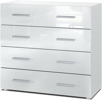 Vladon Sideboard Pavos, Kommode mit 4 Schubladen, Weiß matt/Weiß Hochglanz (76 x 72 x 35 cm)