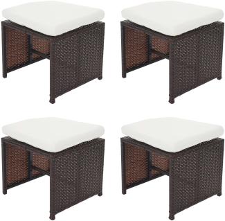 4er-Set Poly-Rattan Hocker Kreta, Gartenhocker Sitzhocker ~ braun, Kissen creme