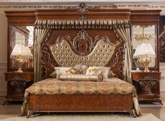 Casa Padrino Luxus Barock Schlafzimmer Set Gold / Braun / Bronzefarben - 1 Doppelbett mit Kopfteil und Rückwand & 2 Nachtkommoden - Schlafzimmer Möbel im Barockstil - Edel & Prunkvoll