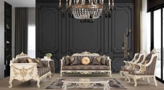 Casa Padrino Luxus Barock Wohnzimmer Set Grau / Braun / Weiß / Gold / Silber - 2 Sofas & 2 Sessel & 1 Couchtisch - Handgefertigte Barock Wohnzimmer Möbel - Edel & Prunkvoll