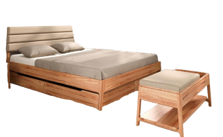 Bett Swig 2 Kernbuche massiv 200x200 mit Polsterkopfteil Beige und Holzbeinen