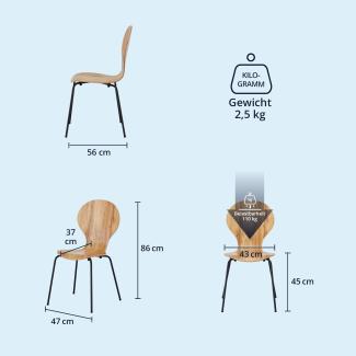 KHG 6er Set Stapelstühle Esszimmerstuhl Stuhl aus Schichtholz mit Eiche-Dekor - Sitzhöhe 45 cm, Stuhlbeine aus Metall - stapelbar auch für Gastronomie geeignet