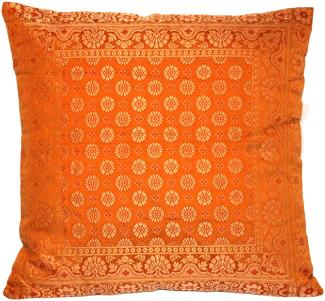 Handgewebter indischer Banarasi Seide Deko-Kissenbezug in Orange - 40 cm x 40 cm | 16 x 16 Zoll