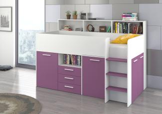 Domando Hochbett Talamone Modern Breite 206cm, mit integrierten Schränken, Schreibtisch und Regal in Weiß Matt und Violett
