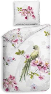 Heckett & Lane Mako-Satin Eco Bettwäsche 155x220 Macy Papagei Blumen grün pink