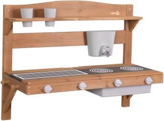 roba Matschküche für Kinder zum Aufhängen - Funktionelle Outdoor Spielküche mit Wasserspender & Zubehör - FSC zertifiziertes Holz - Teakholzfarben lasiert