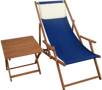 Gartenliege blau Liegestuhl Tisch Kissen Sonnenliege Strandstuhl Deckchair Buche 10-307 T KH