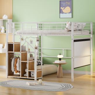 Merax Hochbett Doppelbett Kinderbett Metallbett 140x200cm mit Stauraumtreppe, weiß