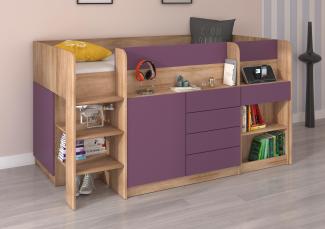 Domando Hochbett Sondrio Modern Breite 204cm, mit integrierten Schränken, Schreibtisch und Regal in Sonoma Eiche und Violett