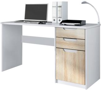 Vladon Schreibtisch Logan, Bürotisch mit 2 Schubladen und 1 Tür, Weiß matt/Eiche Sägegrau (129 x 76 x 60 cm)