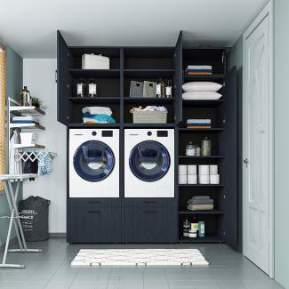 Roomart Schrankwand für Waschküche & Hauswirtschaftsraum Mit Schubladen und Ausziehbrett • Weiß • Schwarz eiche