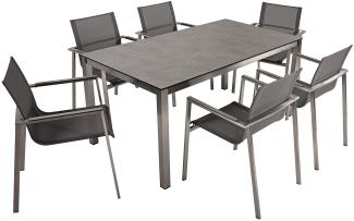 Tischgruppe Sienna 7-tlg. aus Kunststoff, HPL und Edelstahl, 4 Stühle aus Edelstahl und Kunststoffgewebe
