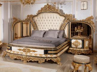 Casa Padrino Luxus Barock Schlafzimmer Set Gold / Weiß / Blau / Gold - 1 Doppelbett mit Kopfteil & 2 Nachtkommoden - Schlafzimmer Möbel im Barockstil - Edel & Prunkvoll
