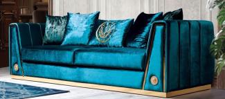 Casa Padrino Luxus Couch Türkis / Gold 260 x 90 x H. 76 cm - Edles Wohnzimmer Sofa mit dekorativen Kissen