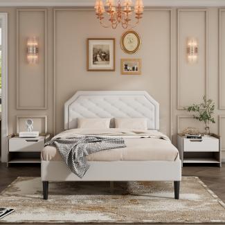 Merax Polsterbett mit schickem Kopfteil und Rautenzugleiste, Erwachsenenbett, Doppelbett, PU, Weiß (140x200cm)