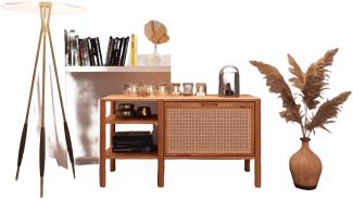 Bücherregal Zola Kernbuche massiv und Rattan 115x64 cm 1 Tür und 2 offene Fächer