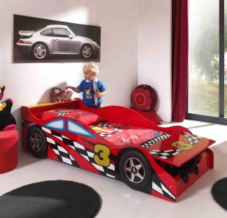 Set RACE CAR Kinder-Autobett inkl. Matratze, mit 70 x 140 cm Liegefläche, Ausf. MDF rot glänzend lackiert
