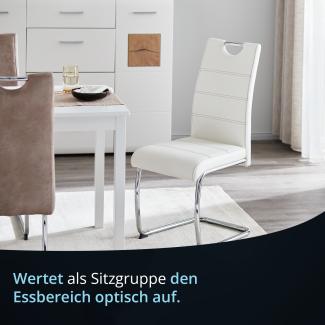 KHG 4er Set Esszimmerstühle Schwingstuhl Polsterstuhl Küchenstuhl Kunstleder Weiß - Design Stuhl Sitzhöhe 48 cm - Freischwinger mit integriertem Griff