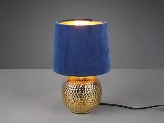 LED Tischleuchte Blau/Gold Keramikfuß Samtschirm - Ø16cm, H.26cm