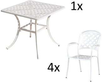 Inko 5-teilige Sitzgruppe Aluminium Guss weiß Tisch 80x80cm mit 4 Sesseln Tisch 80x80 cm mit 4x Sessel Capri